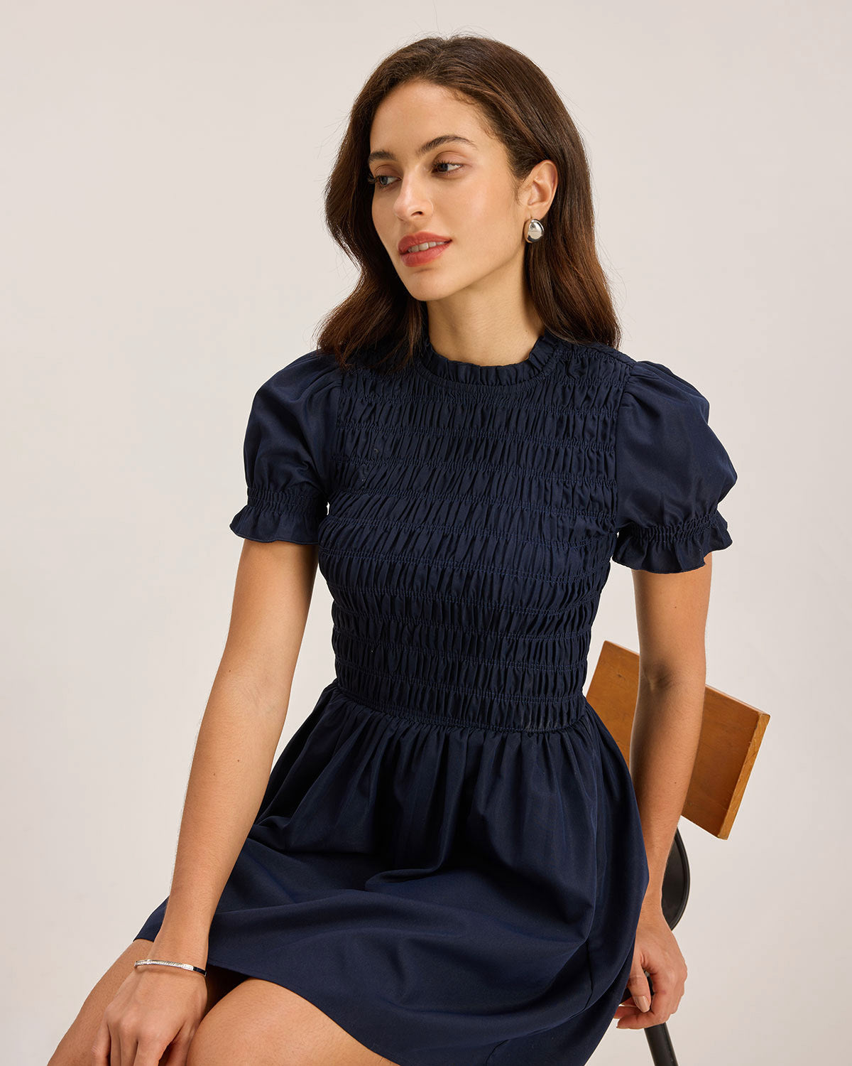 Blue Shirred Puffed Sleeve Mini Dress