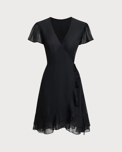 Black V Neck Chiffon Mini Dress