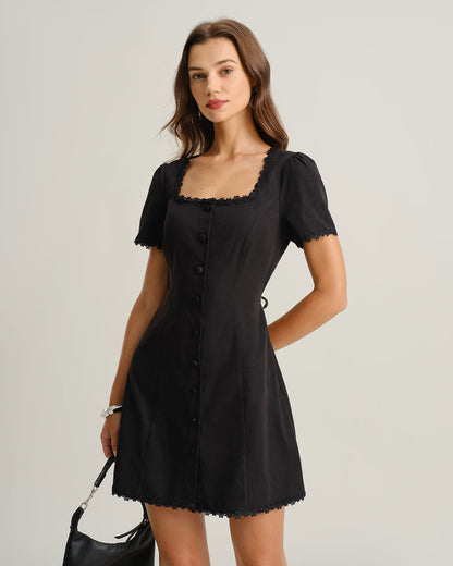 Black Square Neck Button Mini Dress