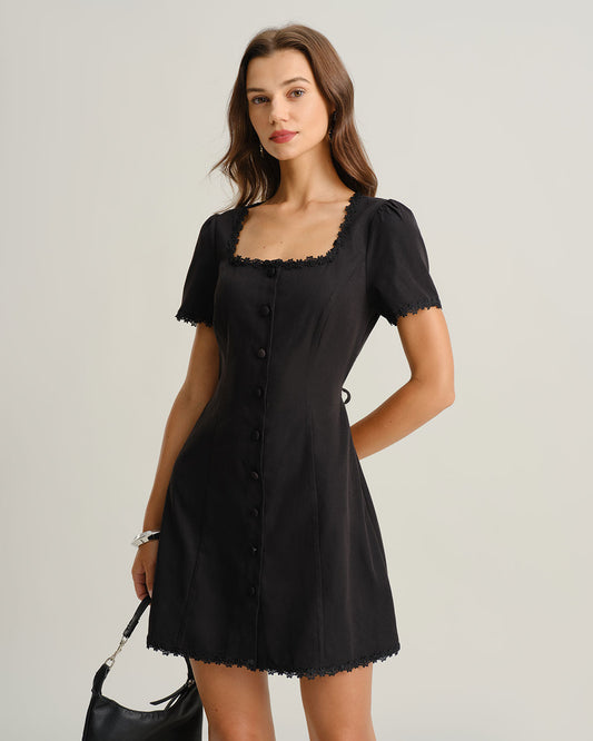 Black Square Neck Button Mini Dress