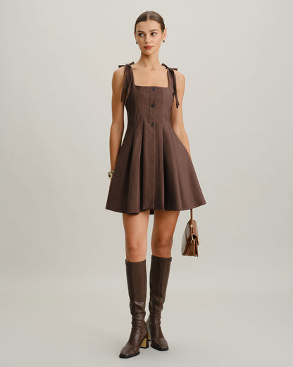 Brown Plaid A-Line Tie Strap Mini Dress