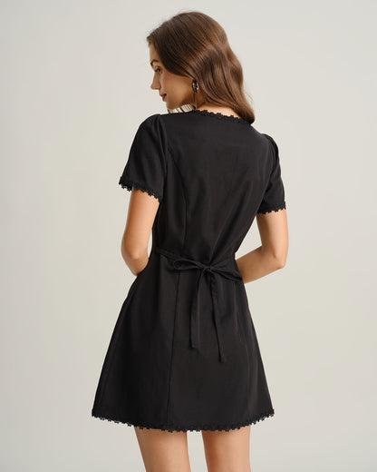 Black Square Neck Button Mini Dress