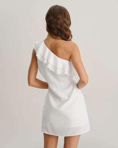 White Ruffle One Shoulder Mini Dress