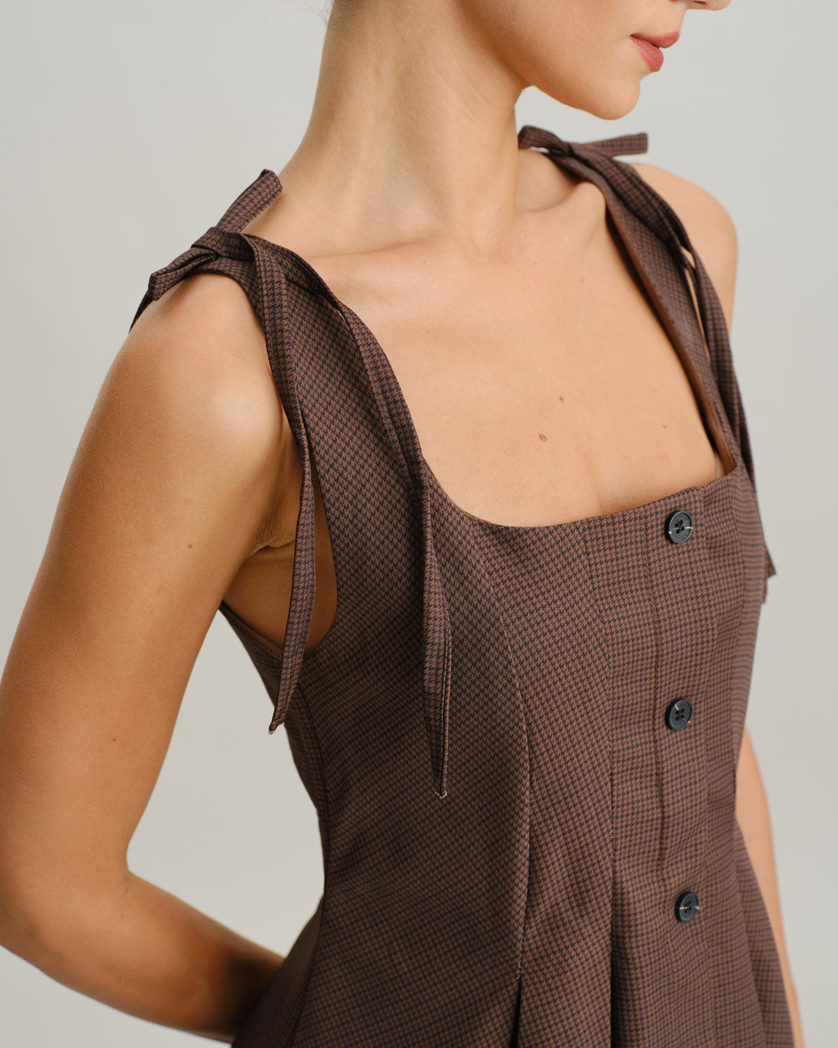 Brown Plaid A-Line Tie Strap Mini Dress