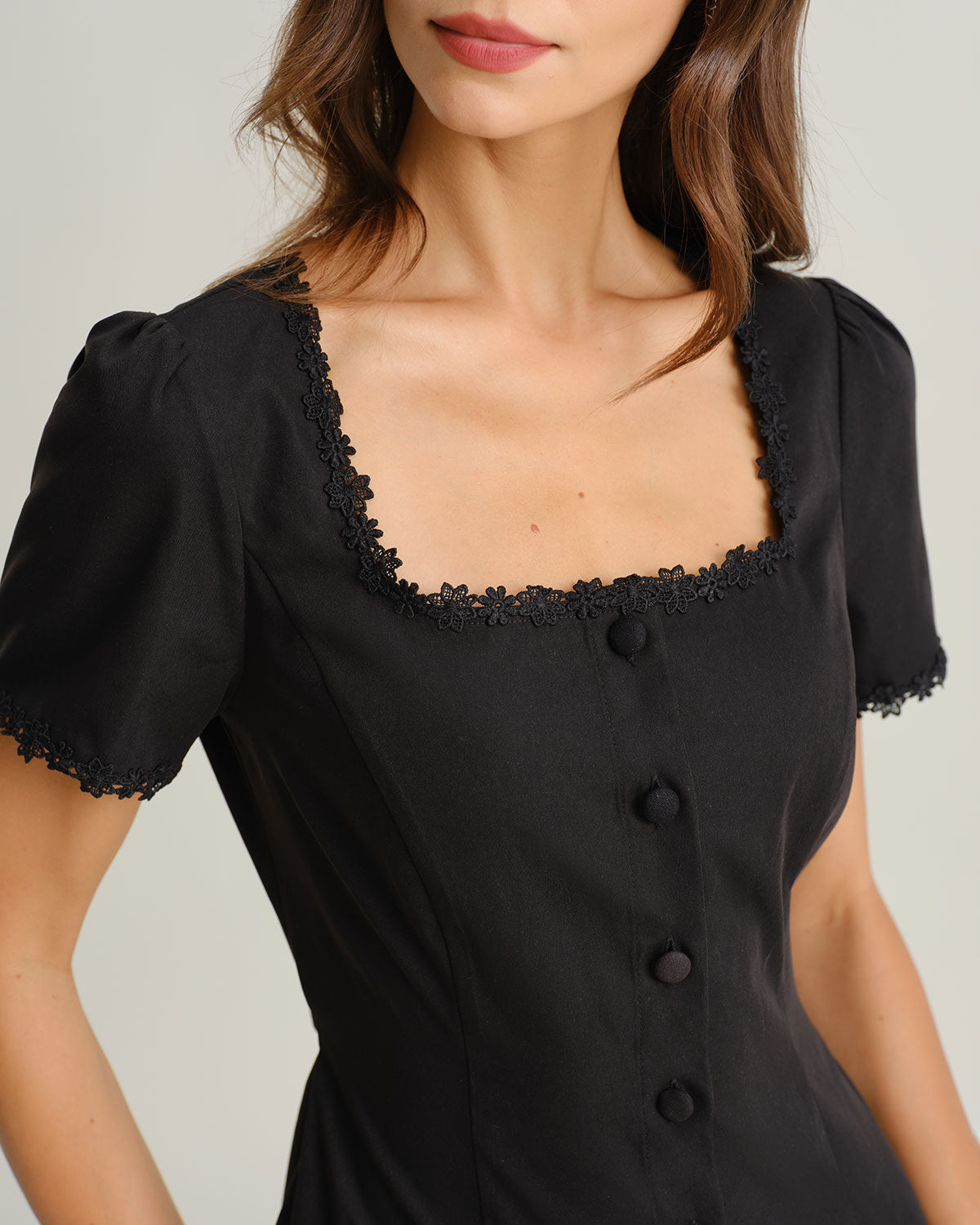 Black Square Neck Button Mini Dress
