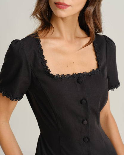 Black Square Neck Button Mini Dress