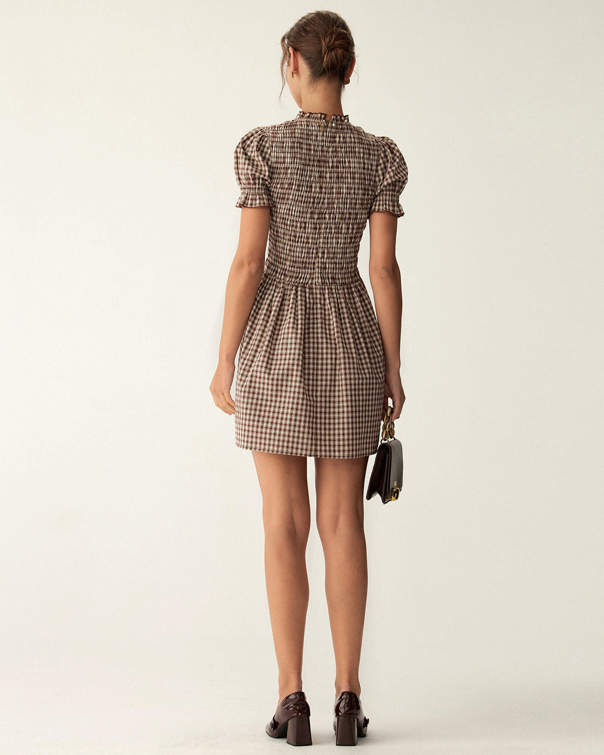 Coffee Plaid Puffed Sleeve Mini Dress
