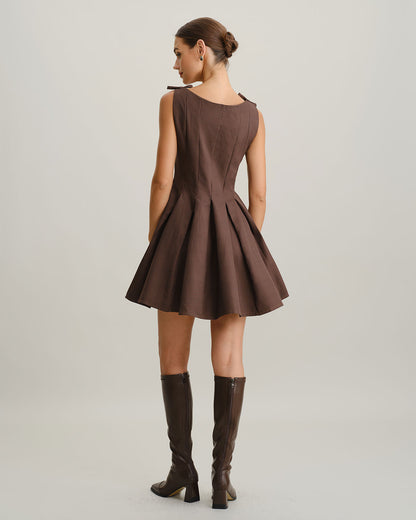 Brown Plaid A-Line Tie Strap Mini Dress