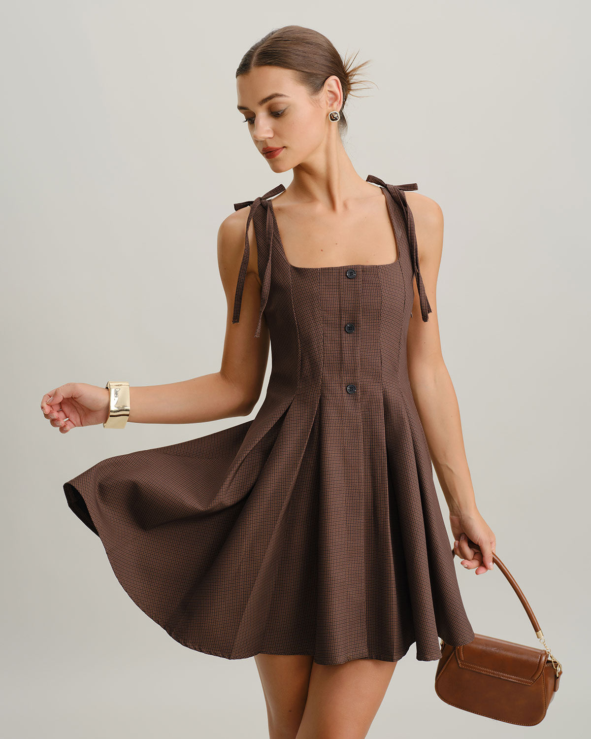 Brown Plaid A-Line Tie Strap Mini Dress
