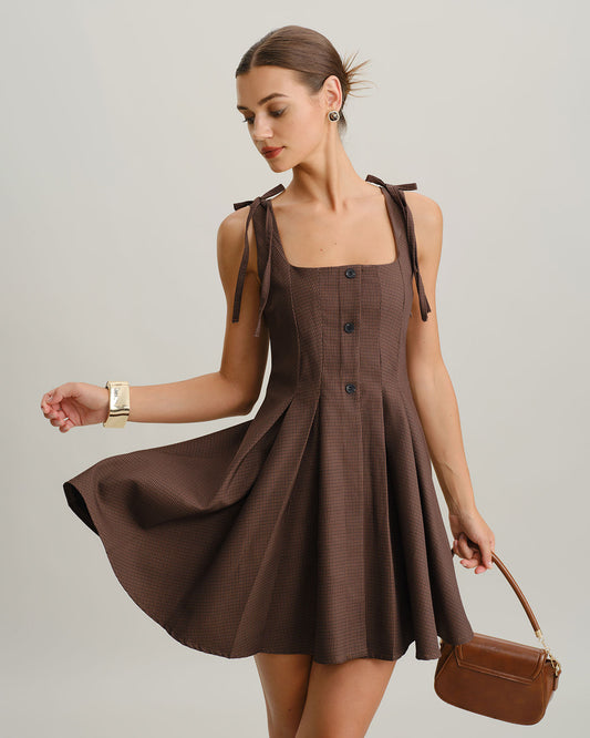 Brown Plaid A-Line Tie Strap Mini Dress