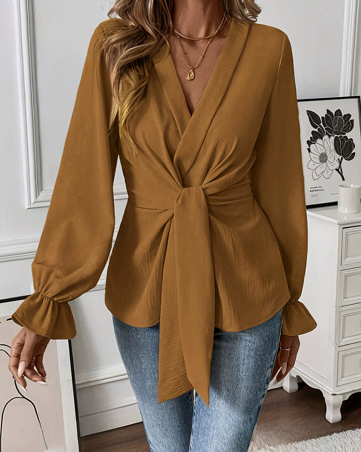 Caramel Ruched Poet Sleeve Shirt