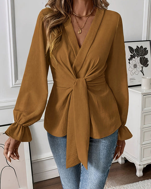 Caramel Ruched Poet Sleeve Shirt