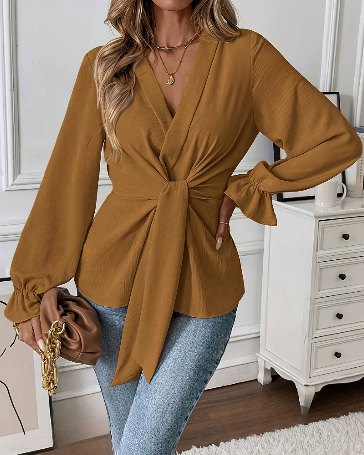 Caramel Ruched Poet Sleeve Shirt