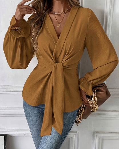 Caramel Ruched Poet Sleeve Shirt