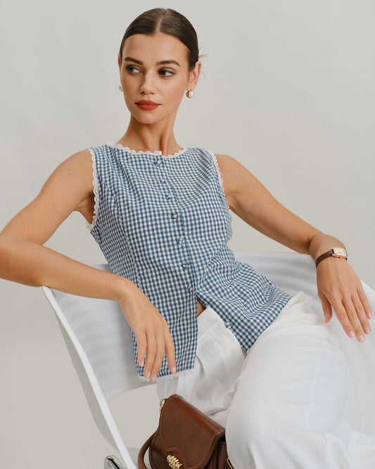 Blue Plaid Boat Neck Tank Top