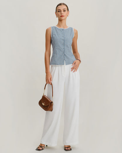 Blue Plaid Boat Neck Tank Top