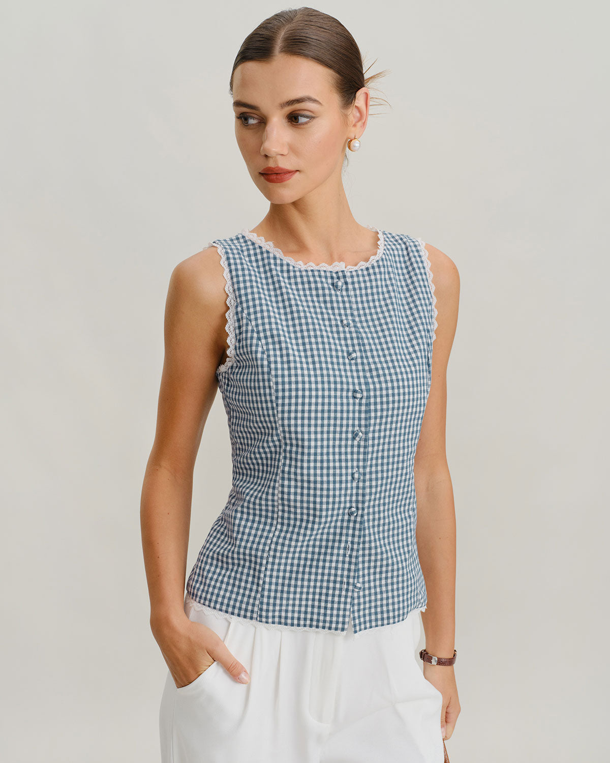 Blue Plaid Boat Neck Tank Top