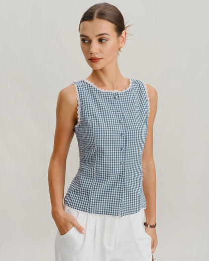 Blue Plaid Boat Neck Tank Top